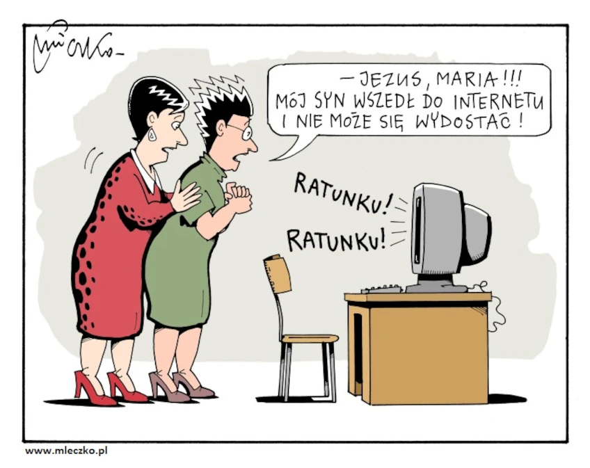 Korzystanie z internetu na rysunku Andrzeja Mleczo. Naprawa smartfonów na odległość